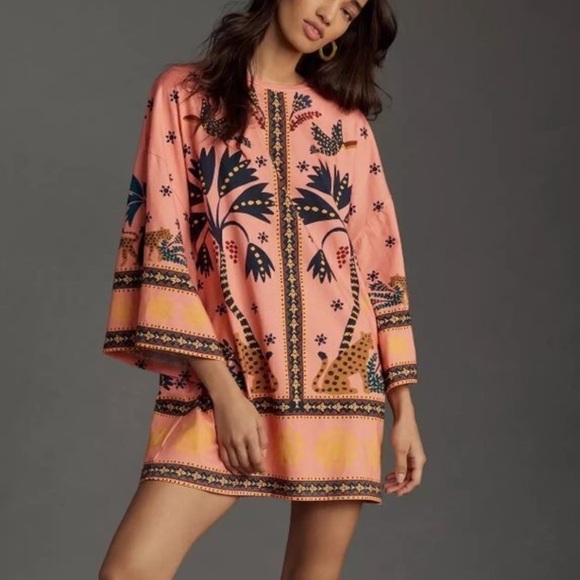 Anthropologie Dresses & Skirts - Anthropologie Pink Floral Tunic Dress with Navy and Mustard Motif